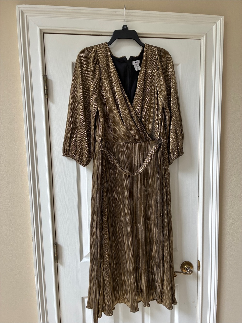 DKNY New with Tags Metallic Bronze Wrap Midi Dress with V-Neck. Fully lined
